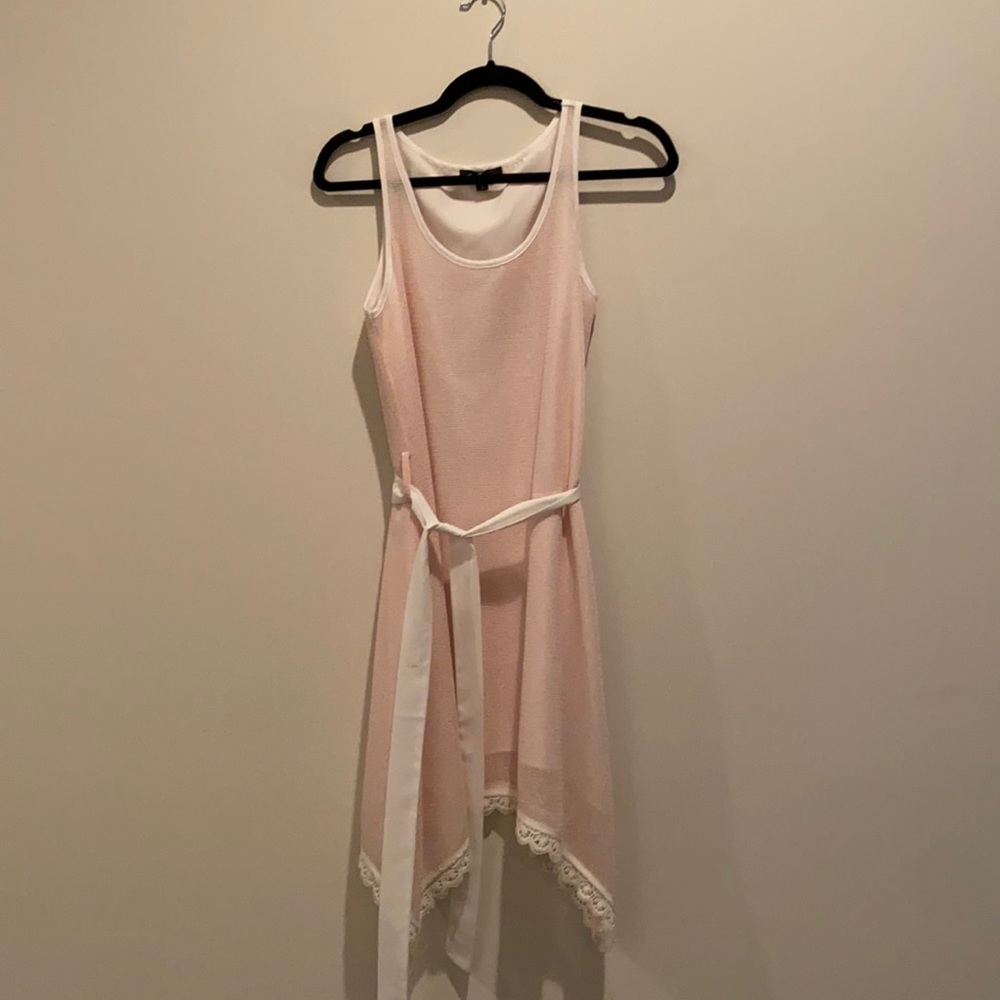 Light pink and white with white tie belt dress